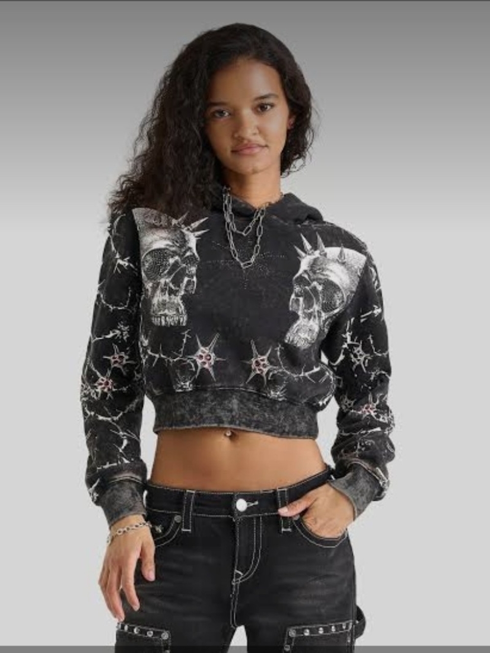 Skull Print Washed Black Cropped Hoodie